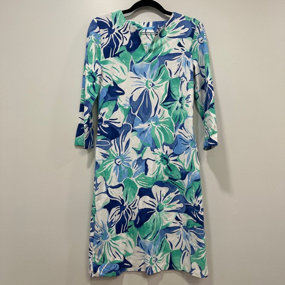 J Mclaughlin Carly Dress Small Catalina Cloth Blue Tropical Knee Length Orchidia